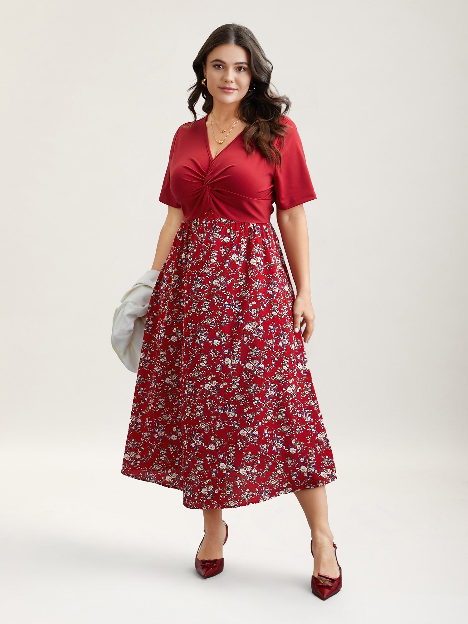 Twist-Front V-Neck Stretchy Waist Midi Dress