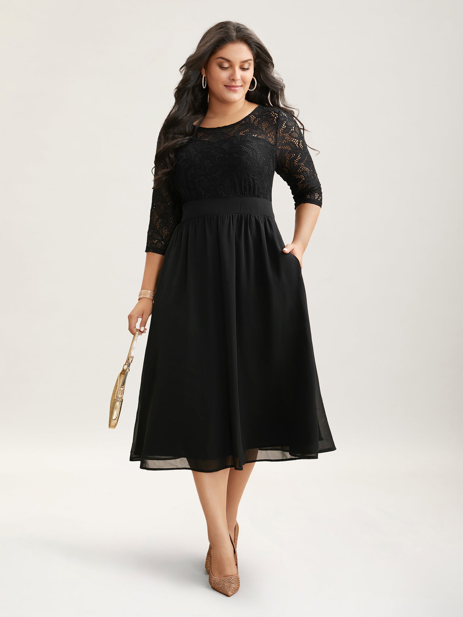 Lace Patchwork Shirred Midi Pocket Dress