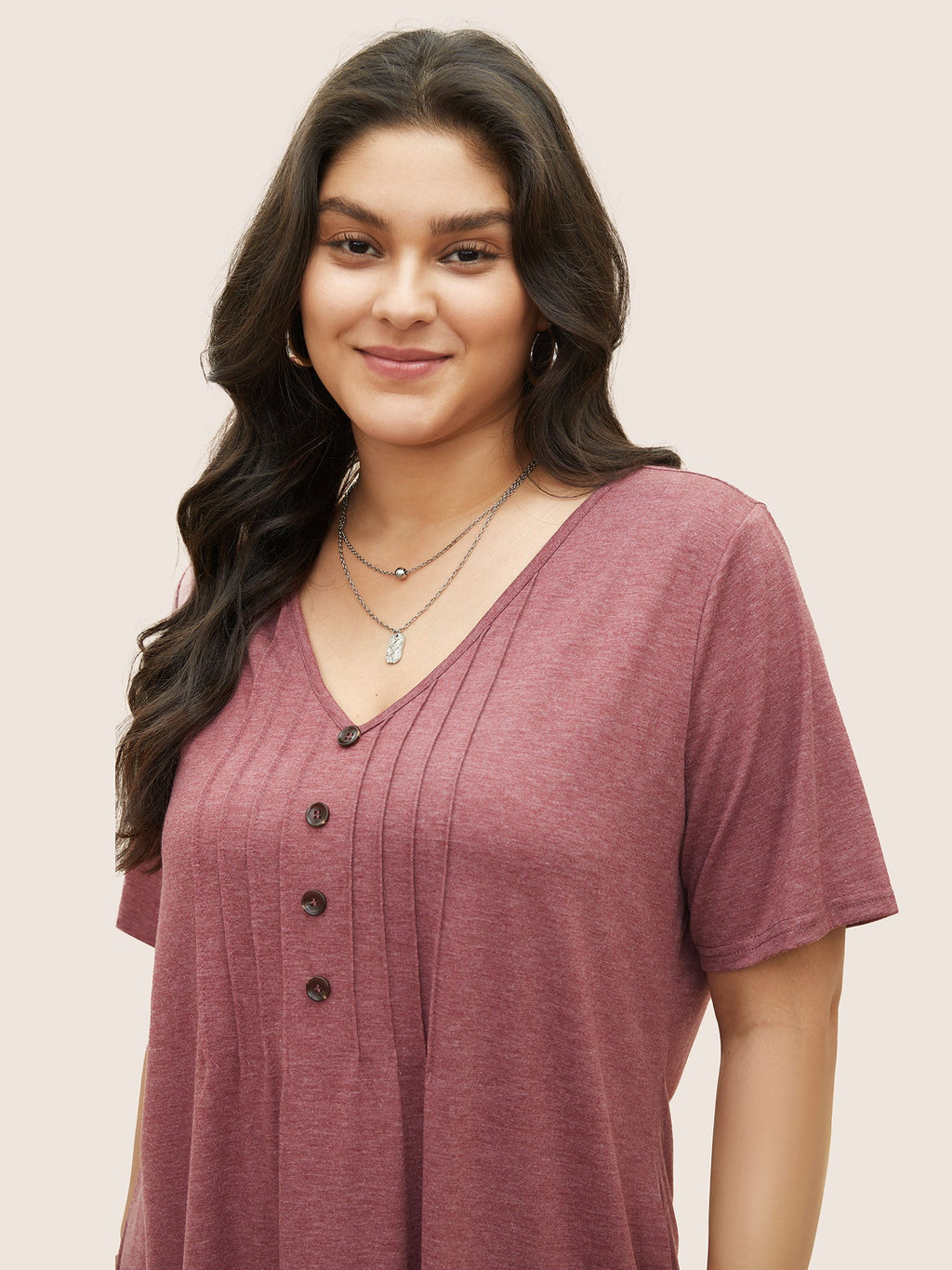 Solid Pleated Front Button Detail V Neck T-shirt