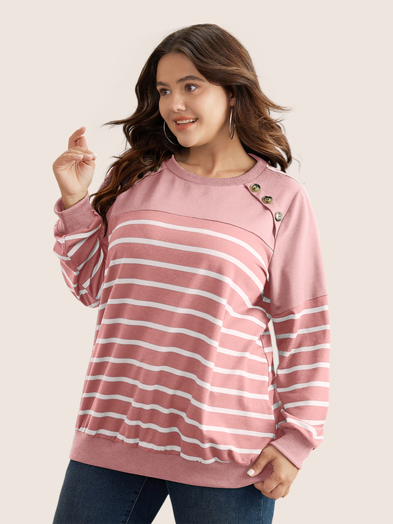Striped Patchwork Button Detail Sweatshirt