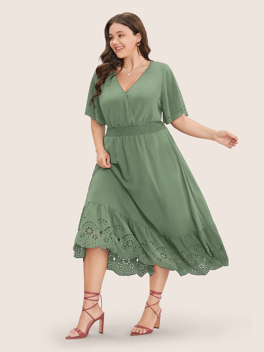 Solid Laser Cut Shirred Pocket Wrap Scalloped Trim Flutter Dress