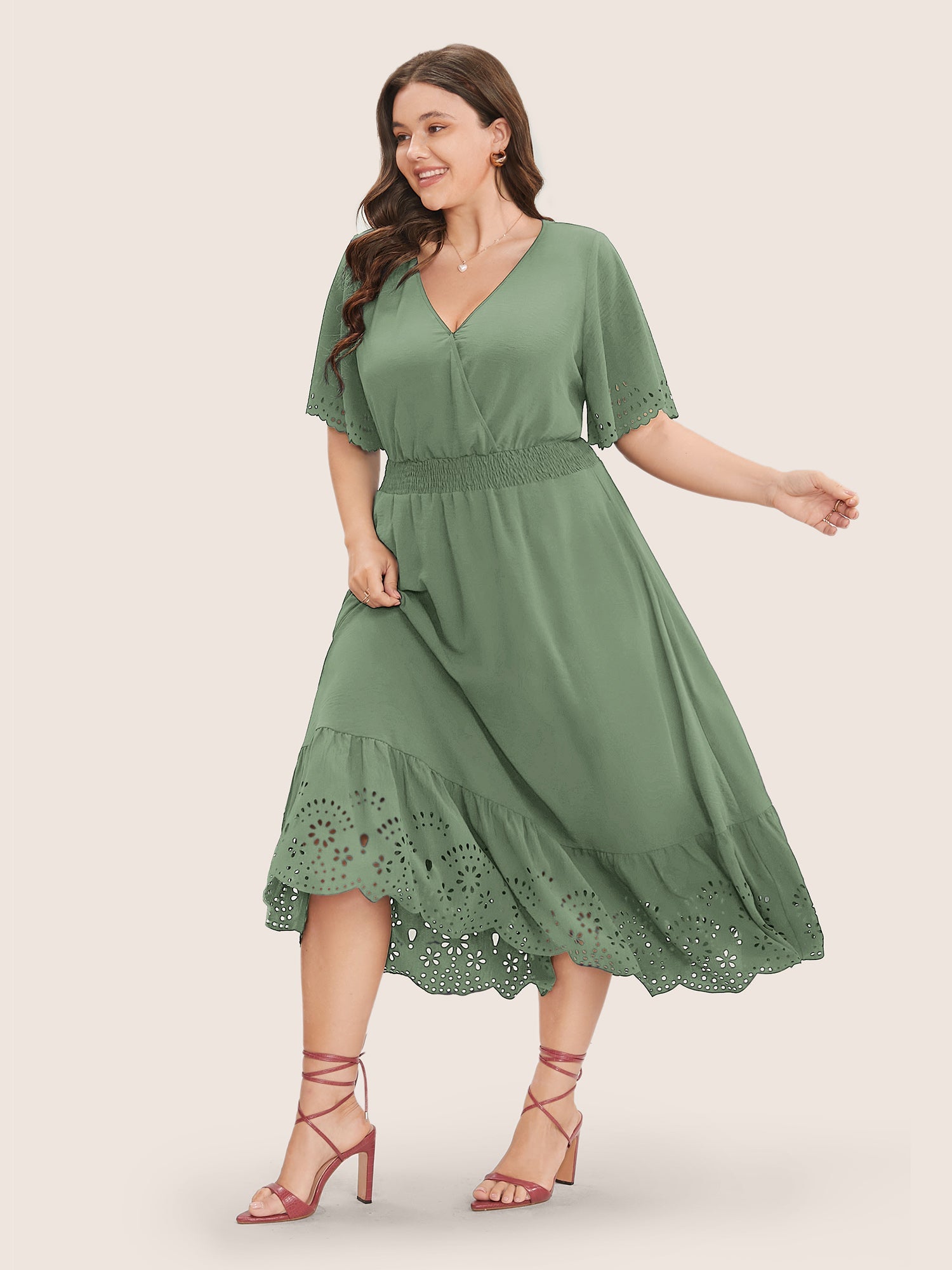 Solid Laser Cut Shirred Pocket Wrap Scalloped Trim Flutter Dress