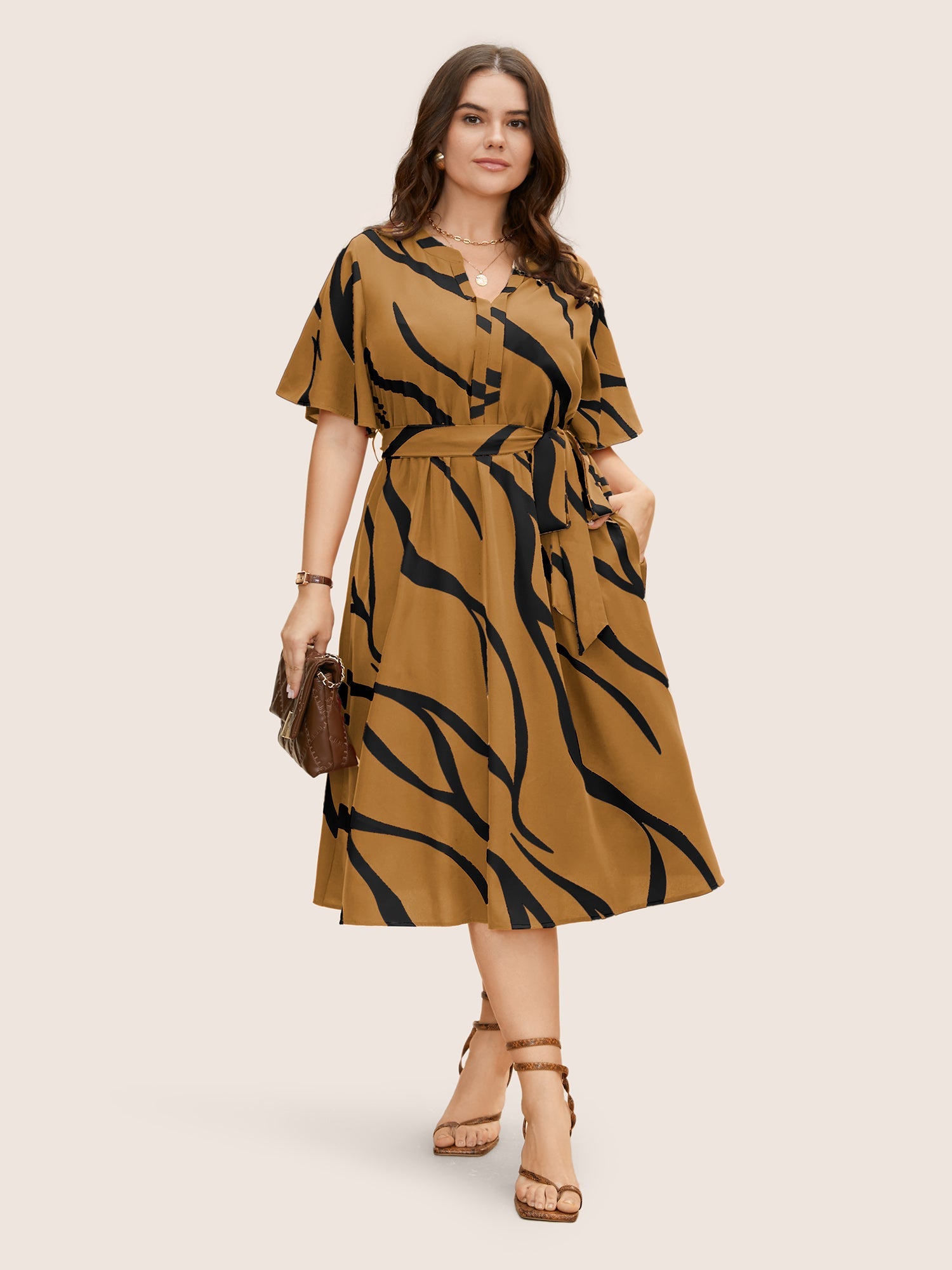 Geometric Surplice Neck Tie Knot Midi Dress