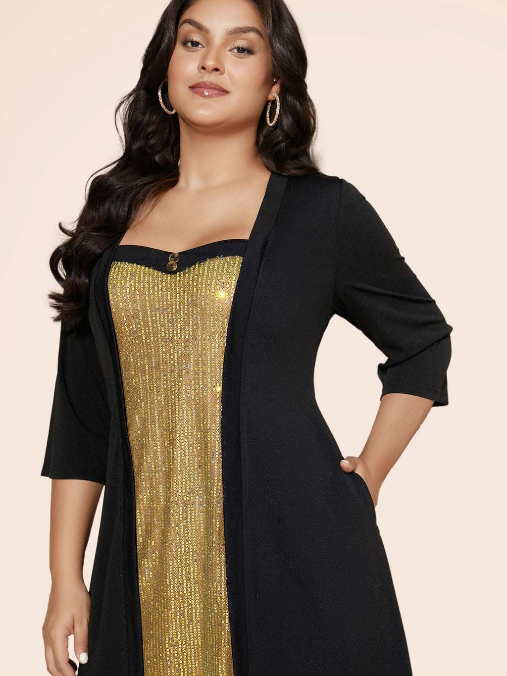 Heart Neckline Patchwork Sequin Button Detail Dress