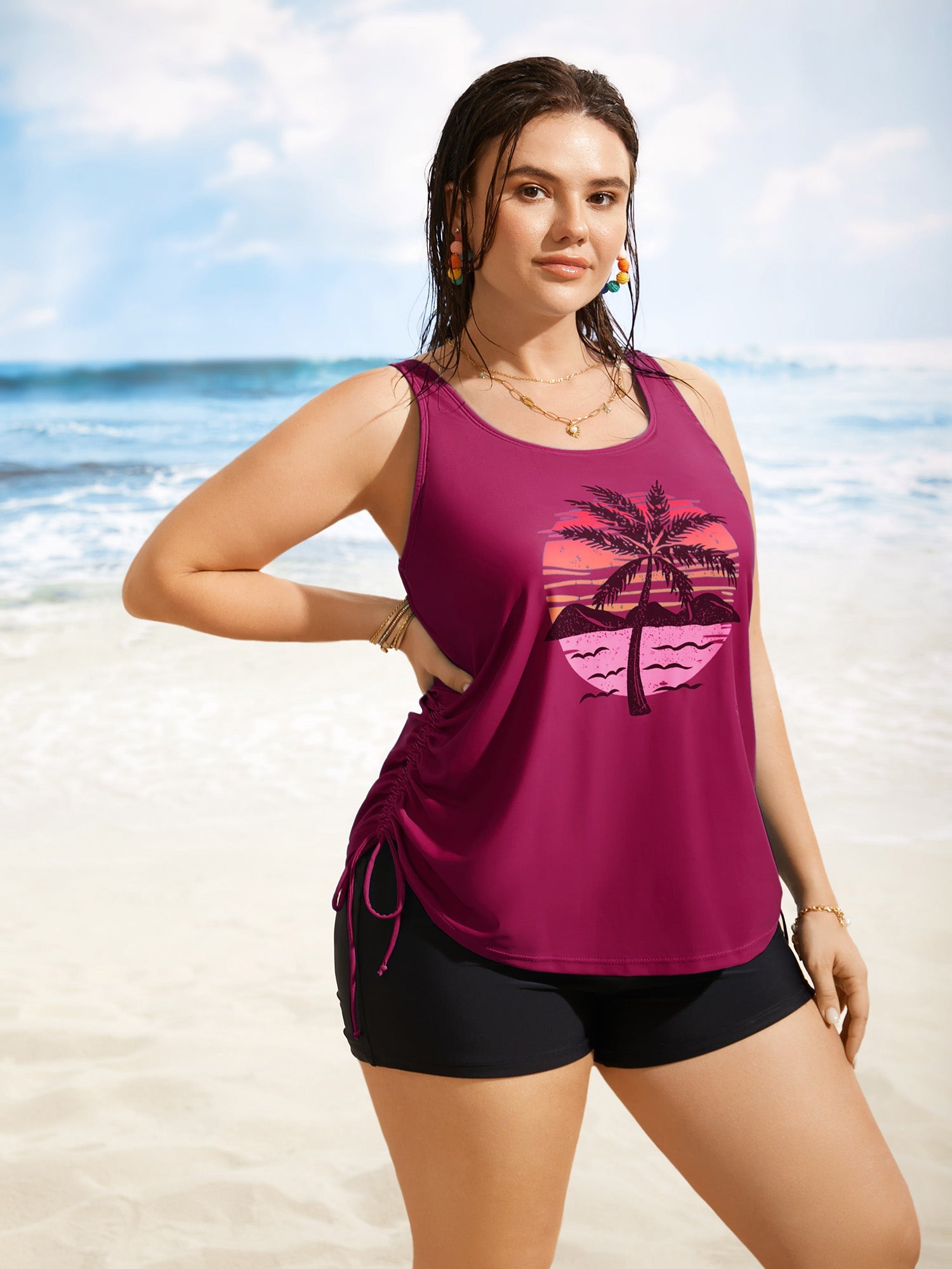 Island Print Drawstring Adjustable Swim Top