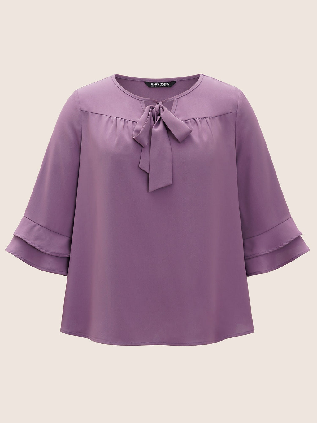 Solid Ribbon Tied Collar Bell Sleeve Blouse