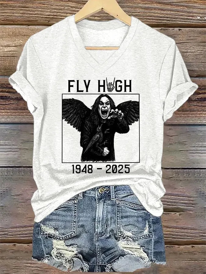 V-Neck Retro Rip Prince Of Darkness Fly High Print T-Shirt