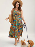 Boho Print Stretchy Waist Pockets Maxi Dress