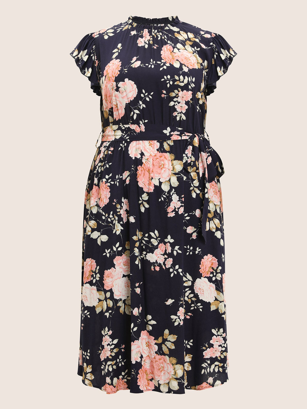 Floral Frill Trim Mock Neck Pocket Ruffle Belted Cap Sleeve Dress