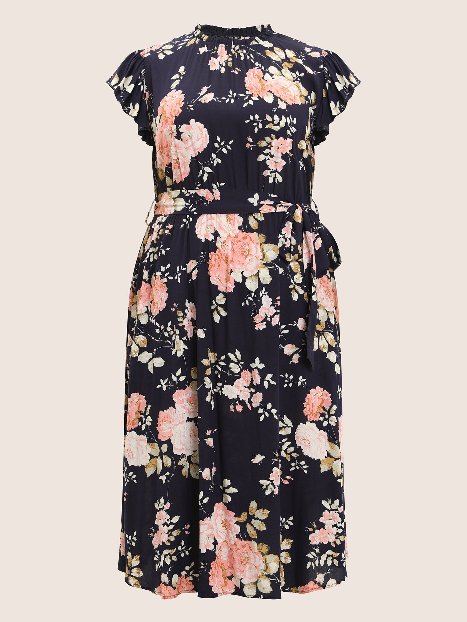 Floral Frill Trim Mock Neck Pocket Ruffle Belted Cap Sleeve Dress