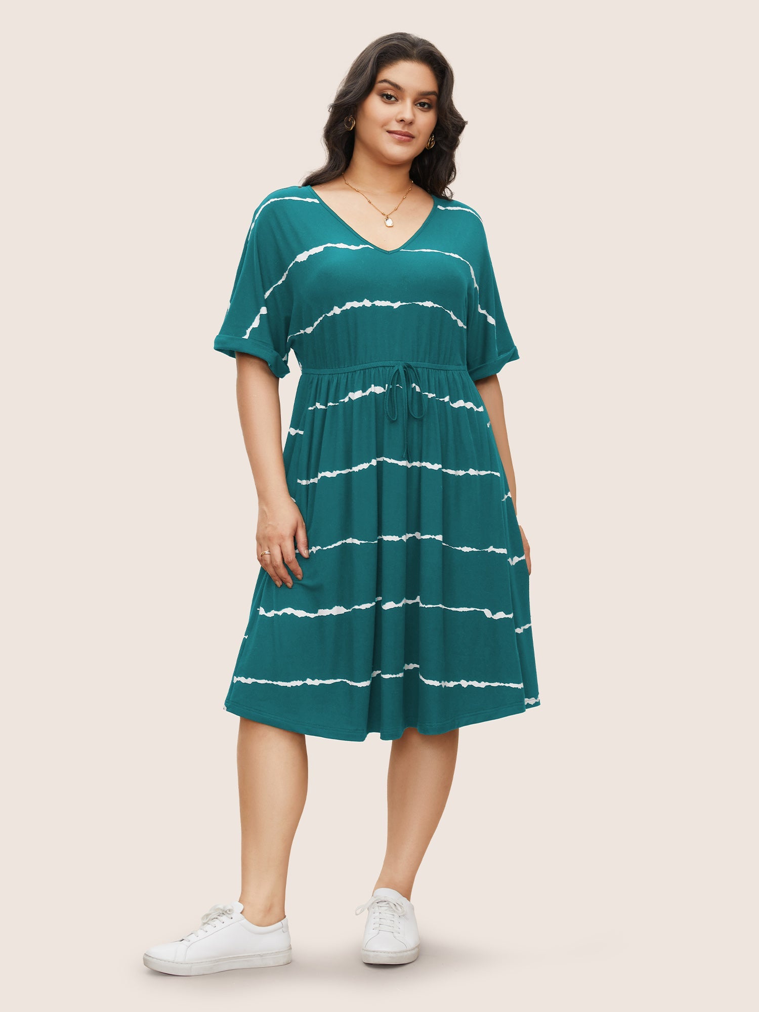 Tie Dye Roll Dolman Sleeve Pocket Gathered Knot Striped Dress