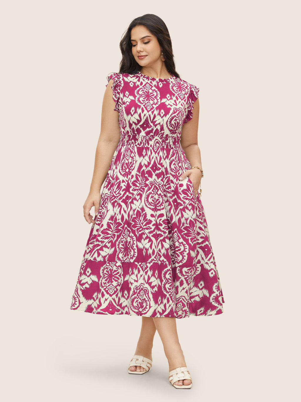 Boho Print Mock Neck Shirred Ruffle Cap Sleeve Dress