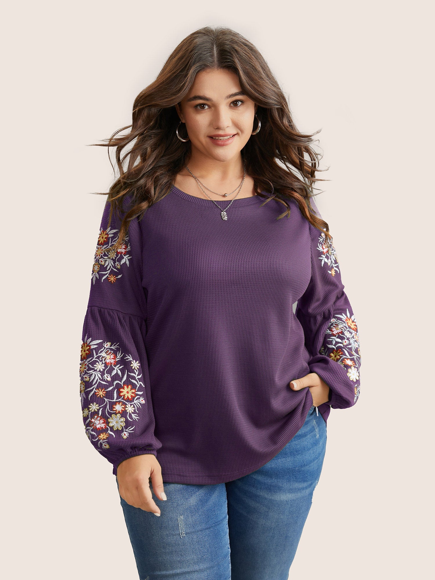 Waffle Knit Floral Embroidered Lantern Sleeve T-shirt
