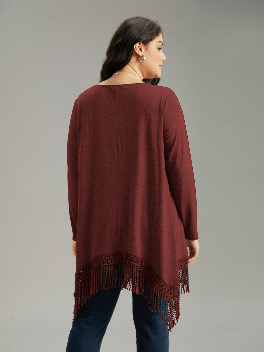 Solid Tassels Trim Pocket Asymmetrical Hem T-shirt