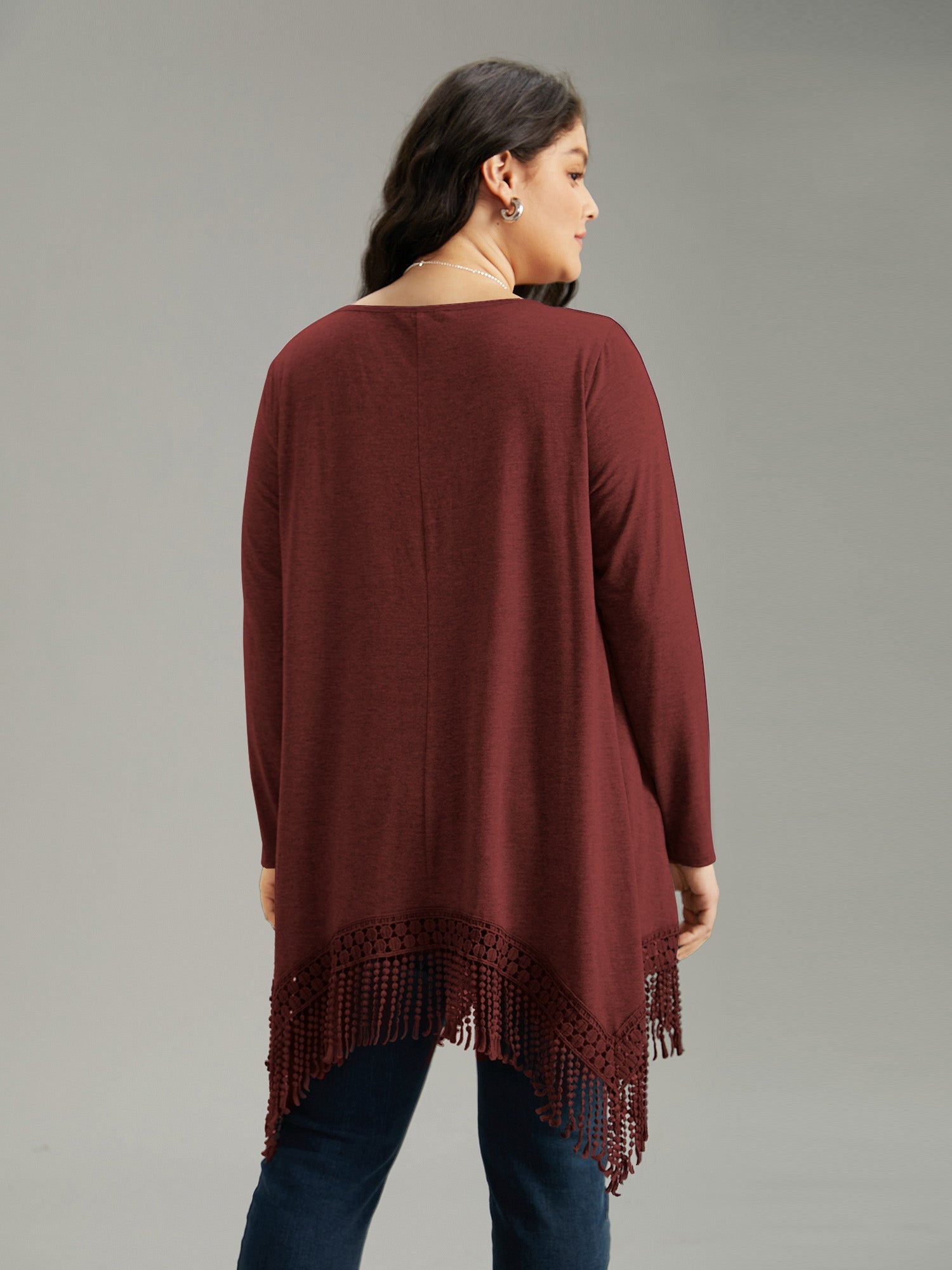 Solid Tassels Trim Pocket Asymmetrical Hem T-shirt
