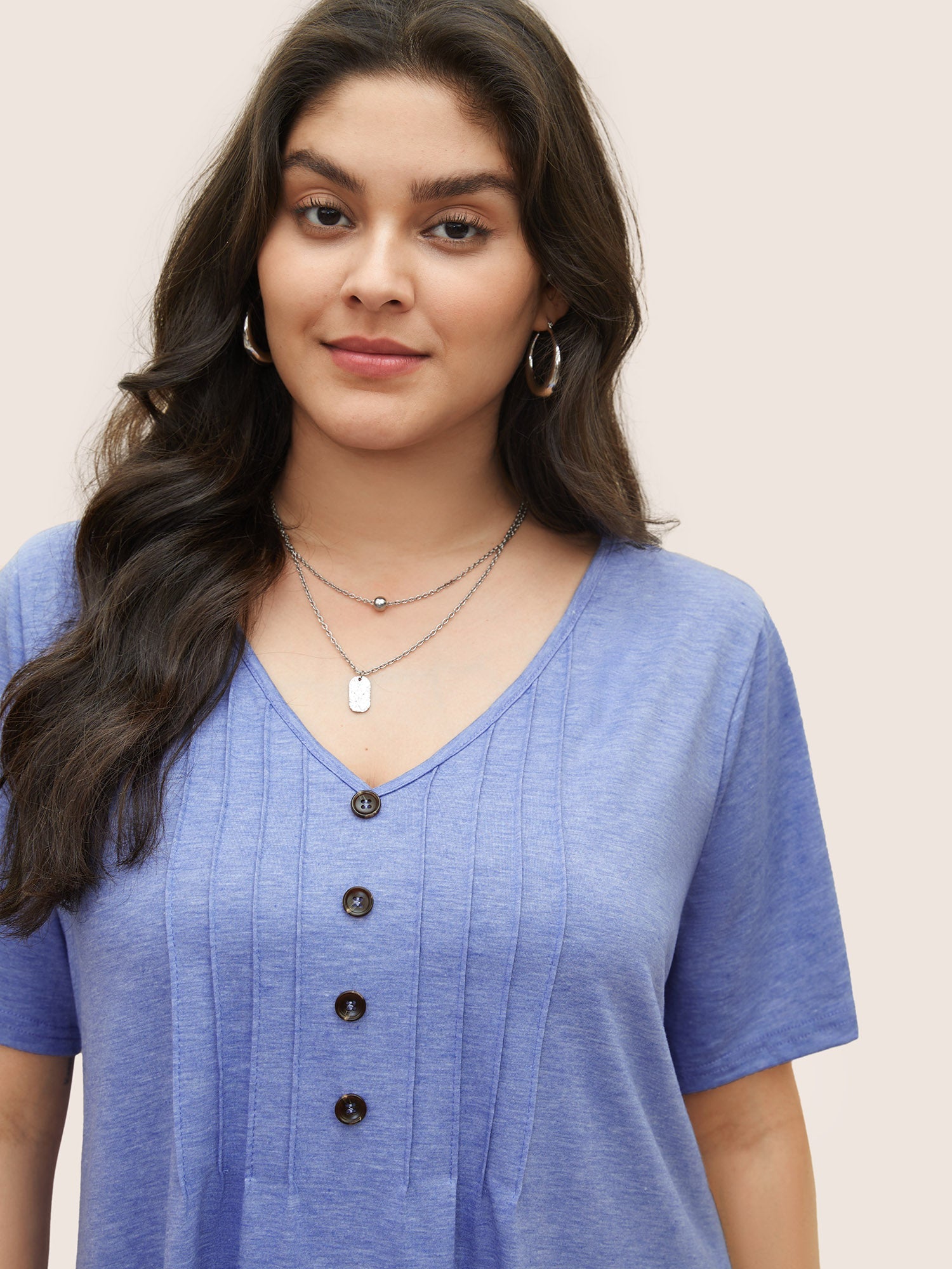 Solid Pleated Front Button Detail V Neck T-shirt
