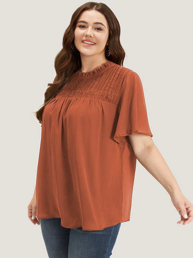 Anti-Wrinkle Shirred Ruffle Sleeve Mesh Frill Trim Blouse