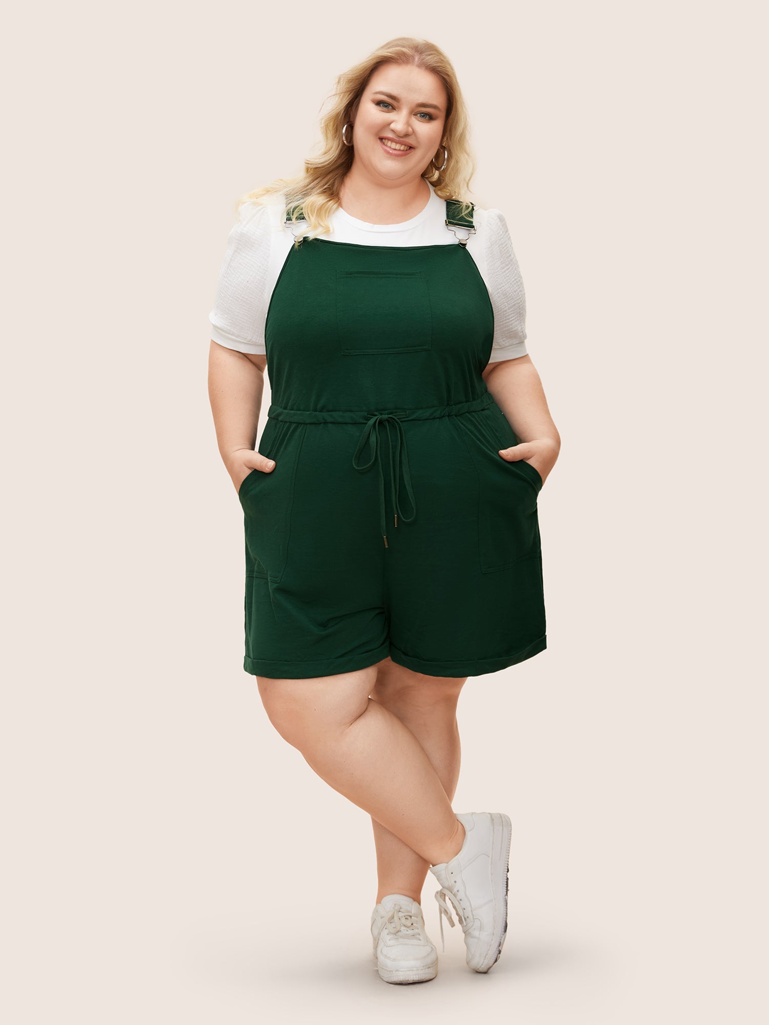 Solid Pocket Drawstring Overall Romper