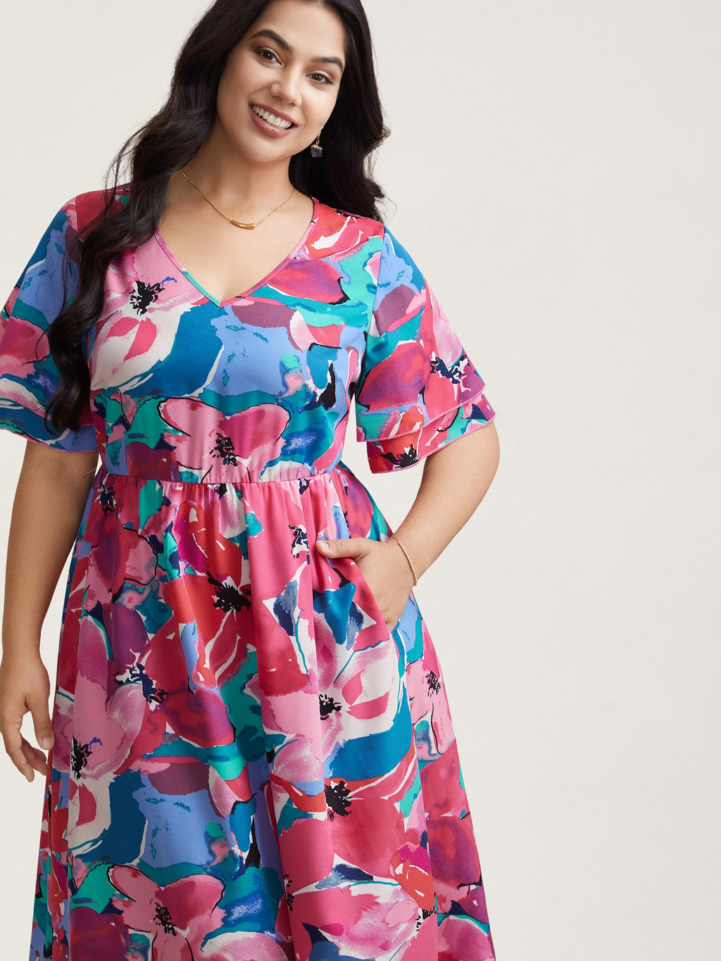 Multi-Color Floral V-Neck Pockets Midi Dress