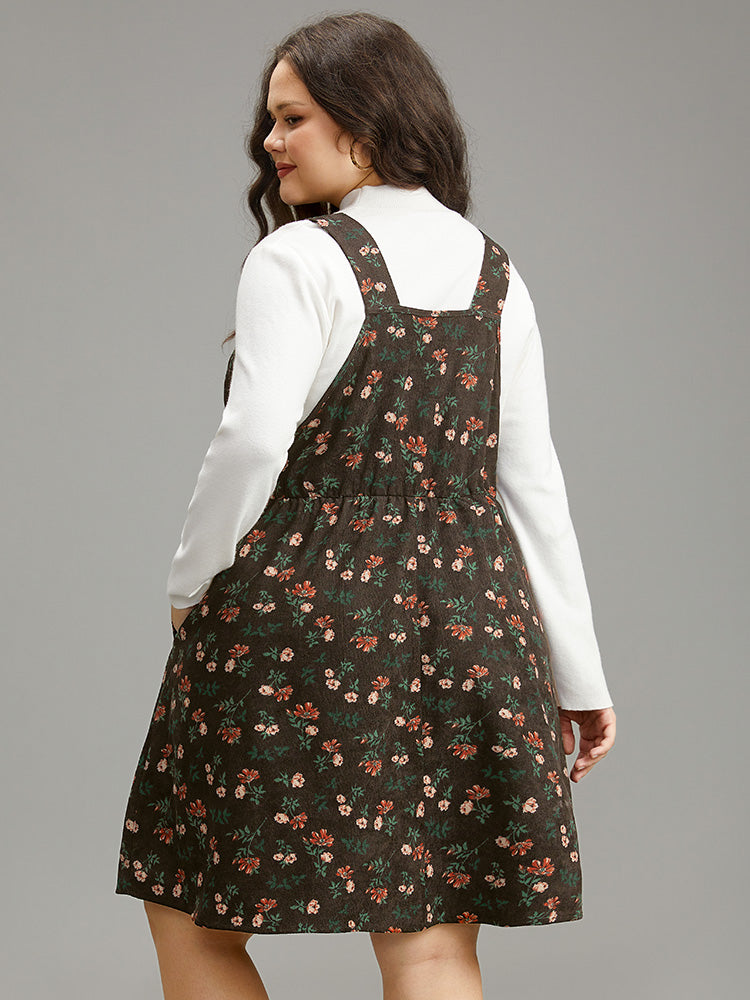 Ditsy Floral Corduroy Pocket Zipper Fly Cami Dress