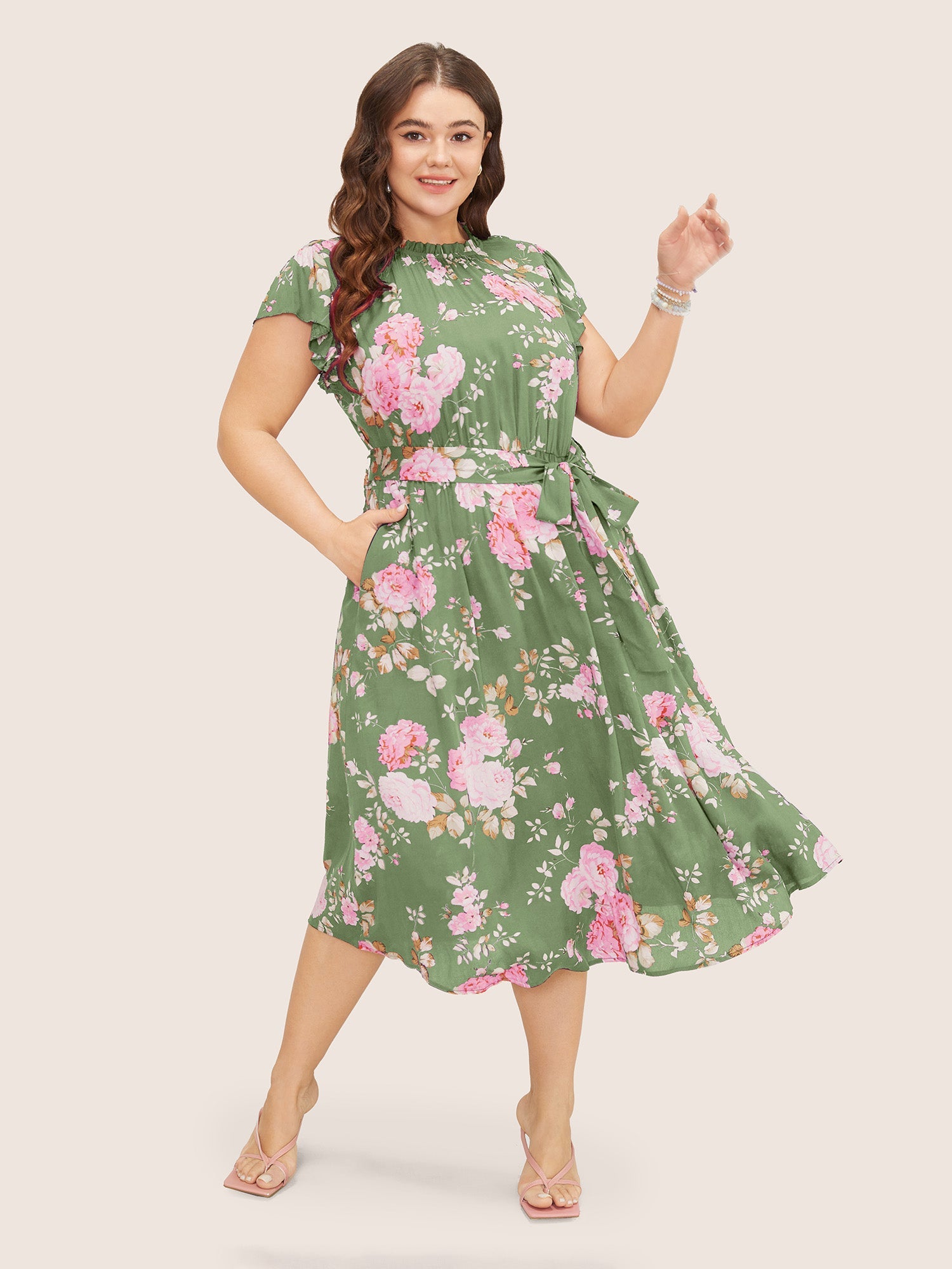 Floral Frill Trim Mock Neck Pocket Ruffle Belted Cap Sleeve Dress
