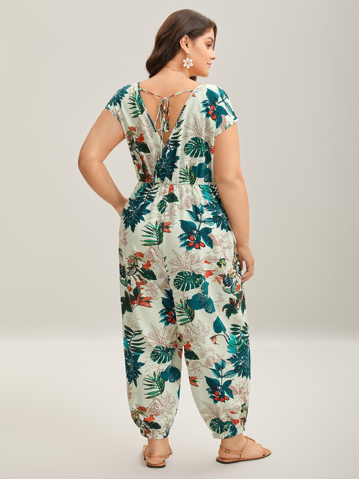 Tropical Print Surplice Neck Back Tie Jumpsuit