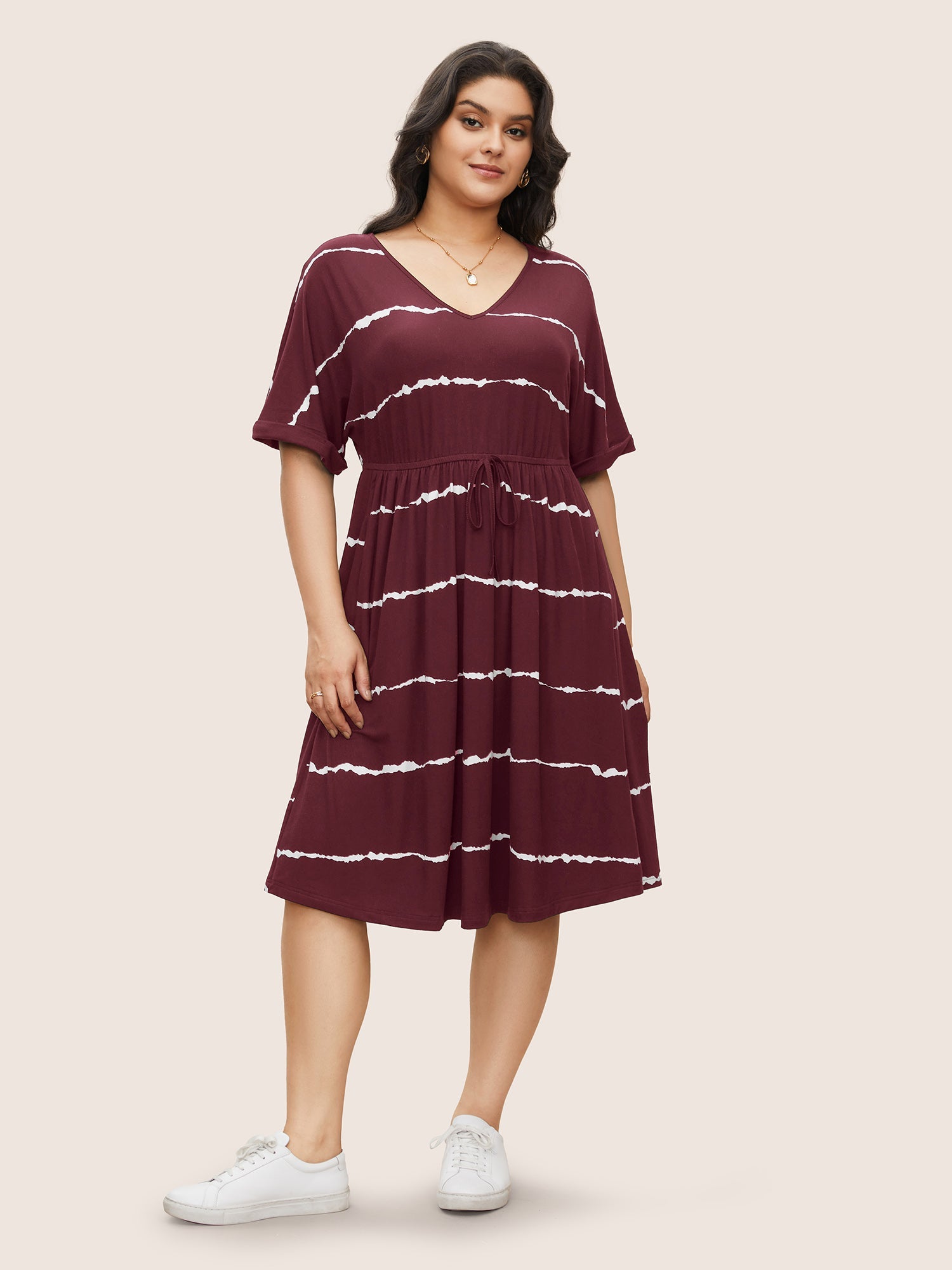 Tie Dye Roll Dolman Sleeve Pocket Gathered Knot Striped Dress