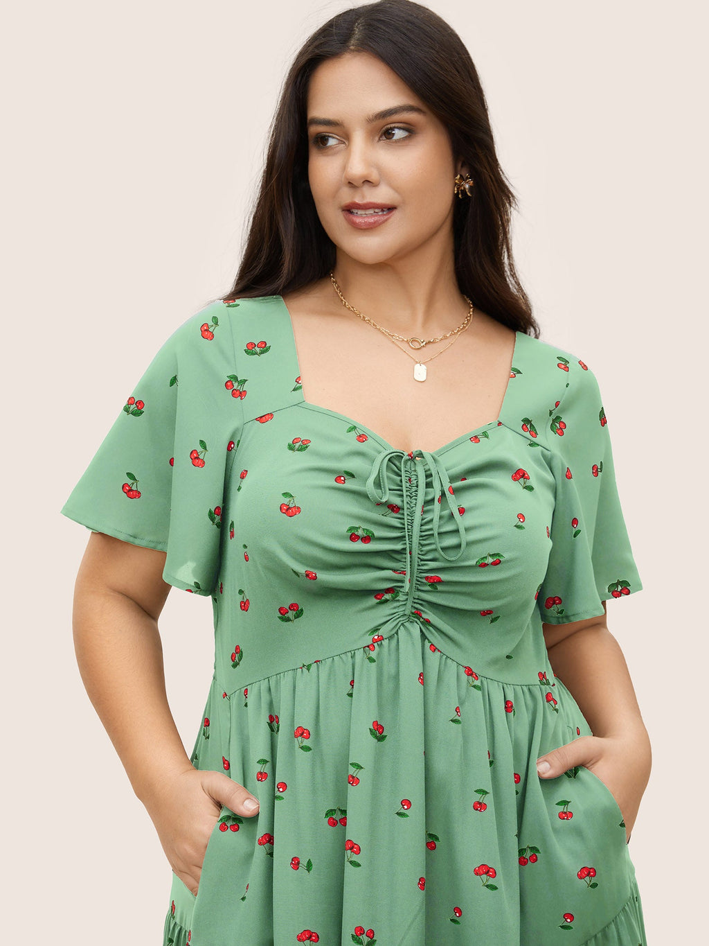 Citrus Fruit Print Heart Neckline Drawstring Pleated Dress