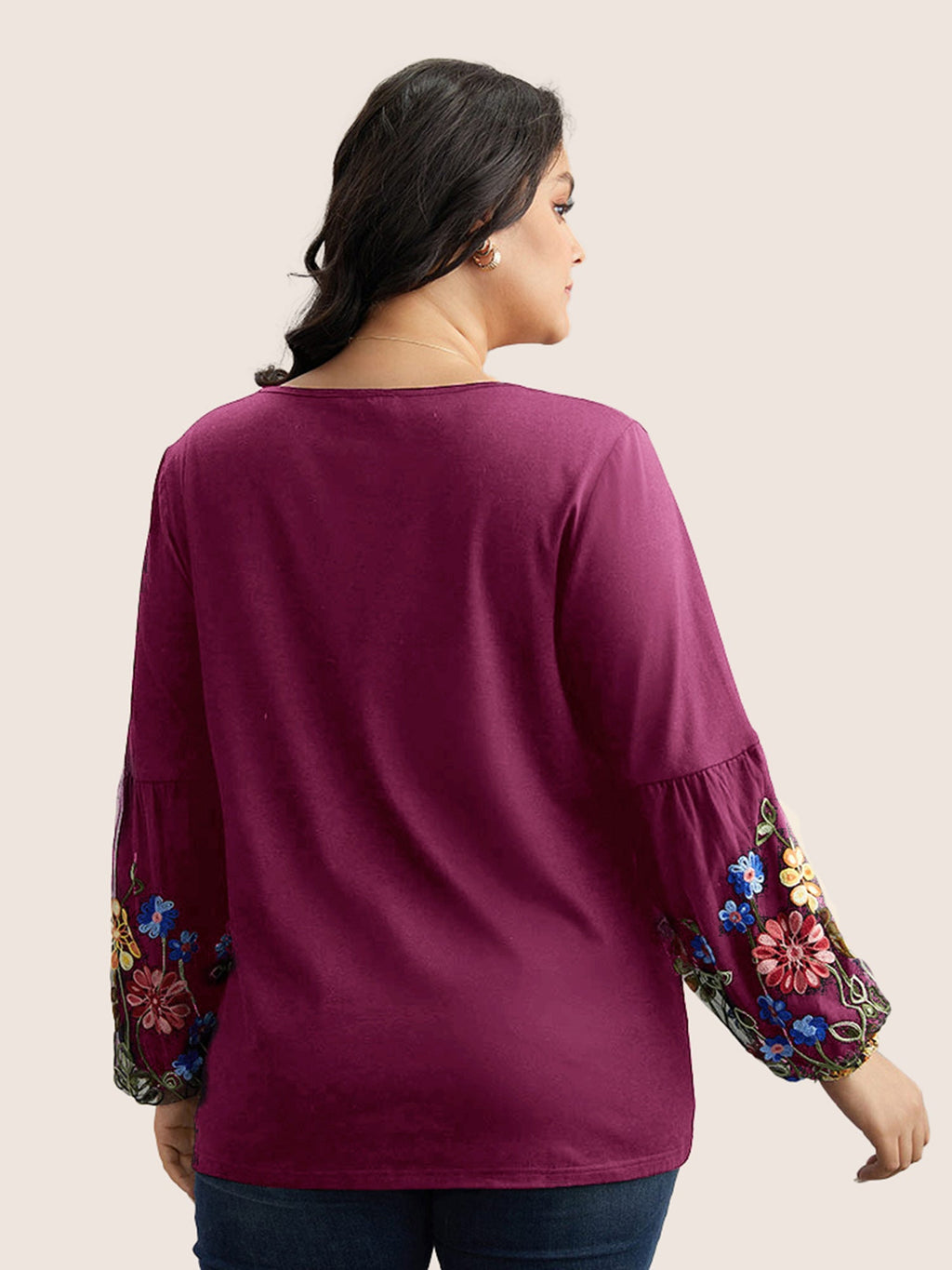 Floral Embroidered Lantern Sleeve T-shirt