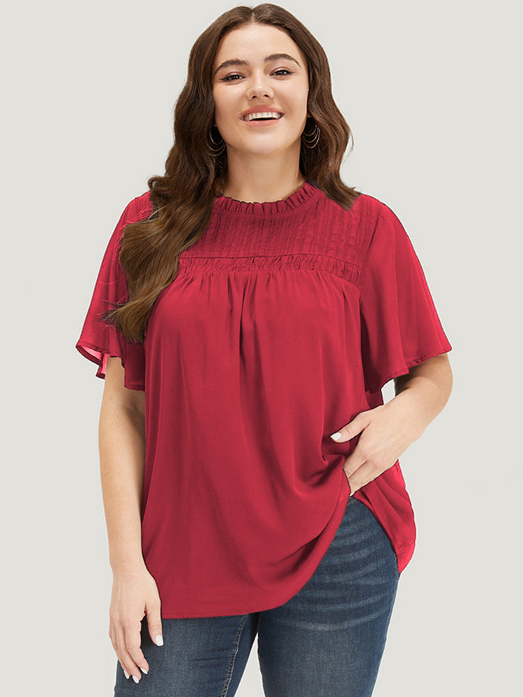 Anti-Wrinkle Shirred Ruffle Sleeve Mesh Frill Trim Blouse