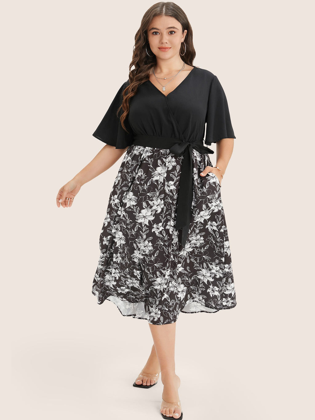 Floral Patchwork Pocket Belt Surplice Neck Ruffle Hem Dress