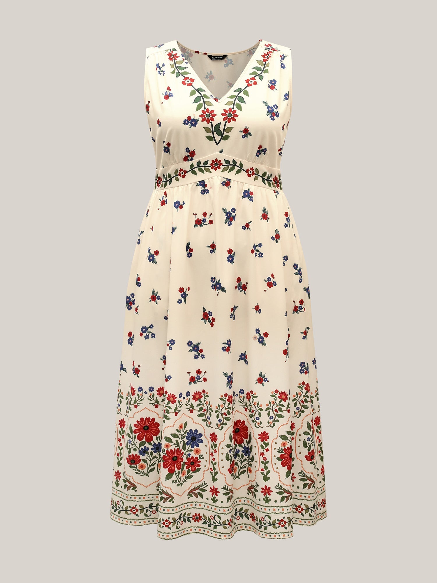 Floral Print V-Neck Waist-Cinched Dress