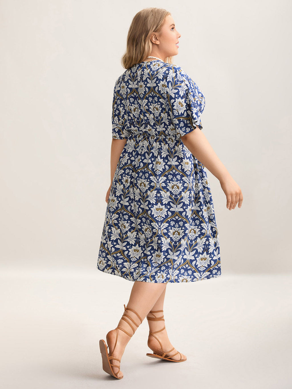 Boho Print Shirred Surplice Neck Midi Dress