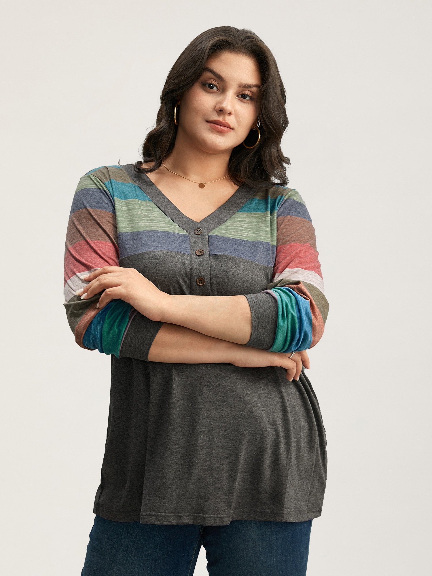 Colorblock Contrast V Neck Button Up T-shirt