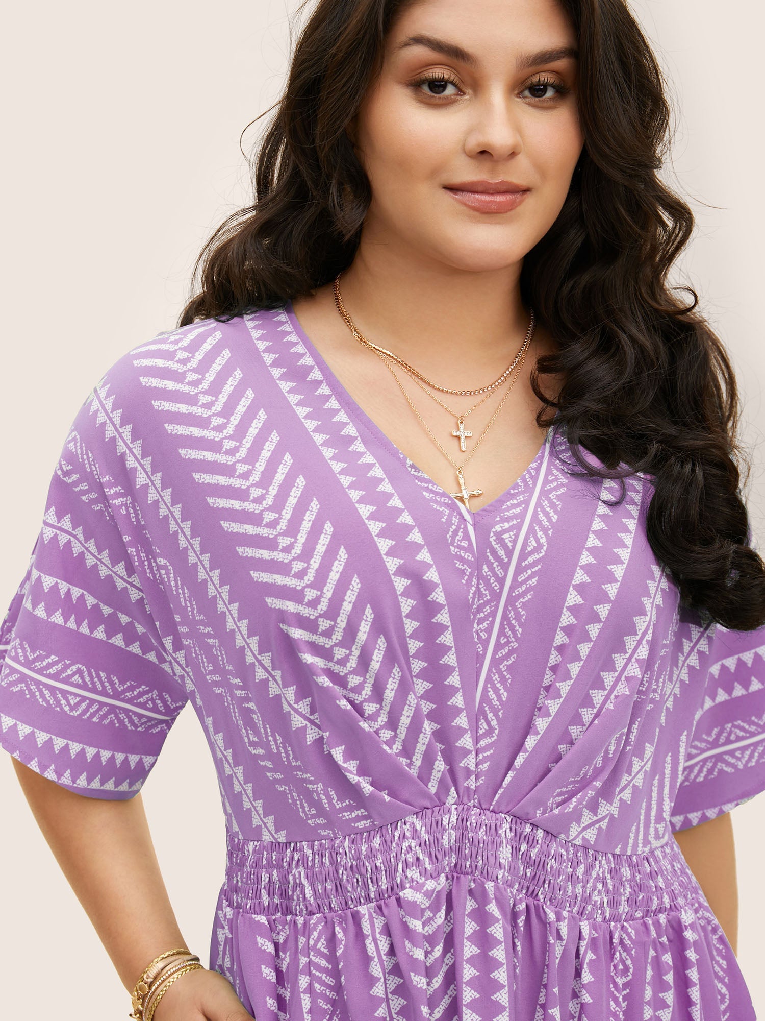 Solid Geometric Dolman Sleeve Pocket Shirred Split Hem Dress