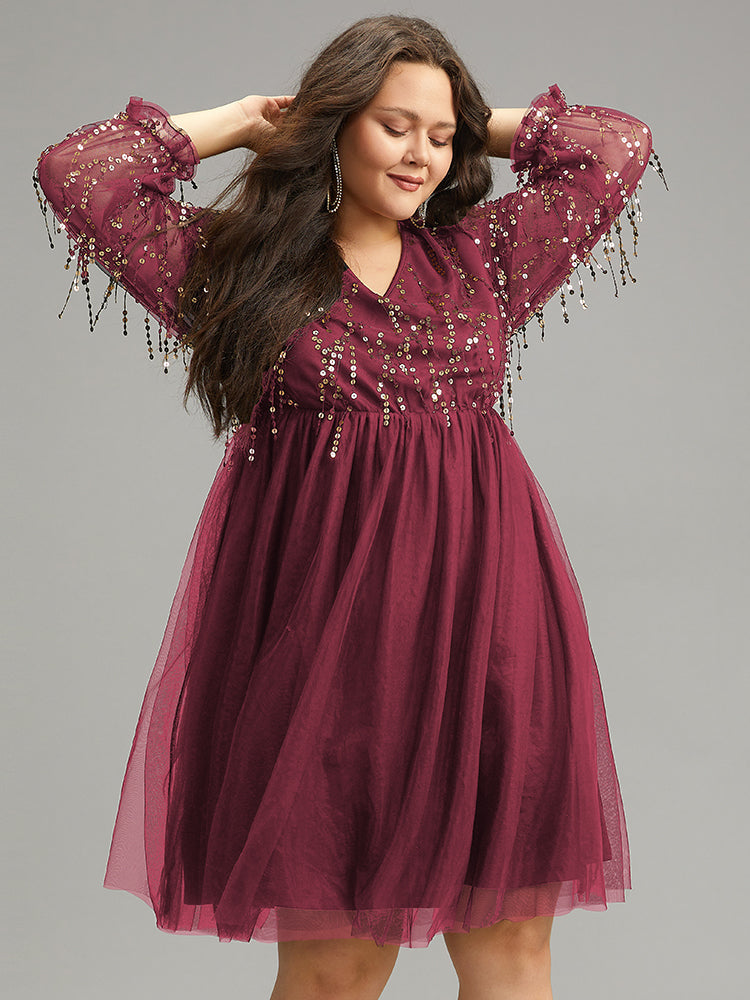 Sequin Mesh Patchwork Tassel Dress