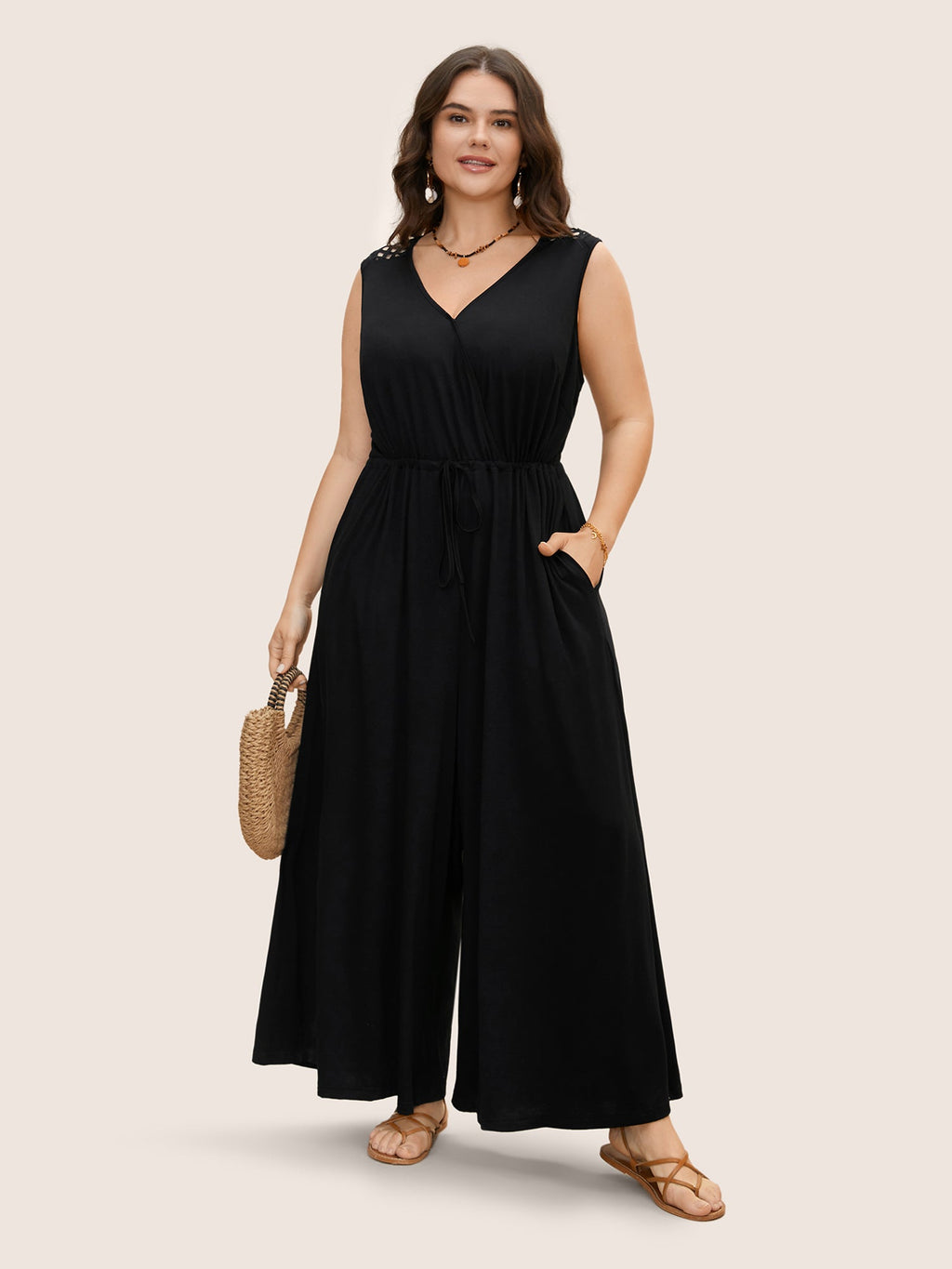 V Neck Crocheted Cut Out Jumpsuit