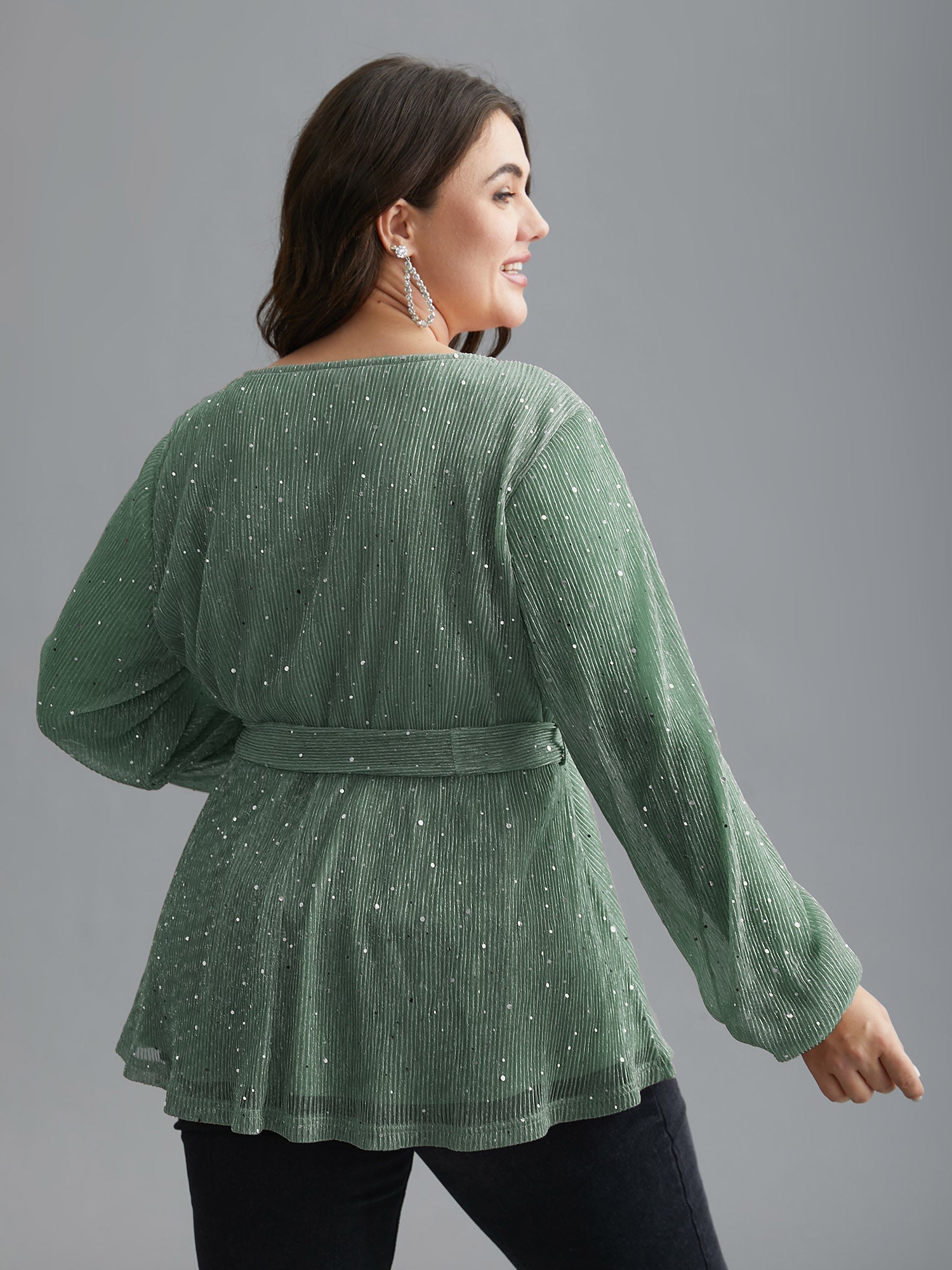 Sequin Mesh Lantern Sleeve Wrap Belted Striped Blouse