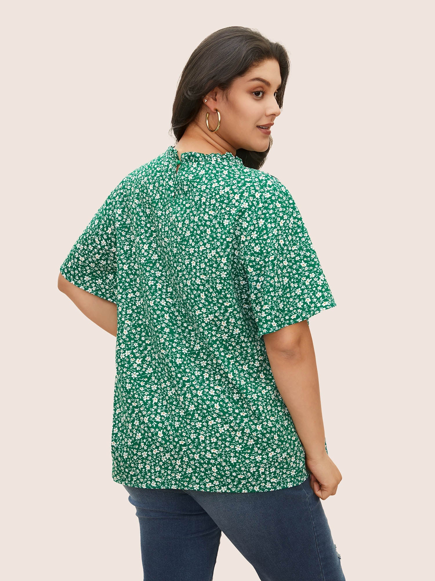 Ditsy Floral Plicated Detail Frill Trim Blouse