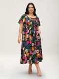 Floral Shirred Square Neck Pocket Midi Dress