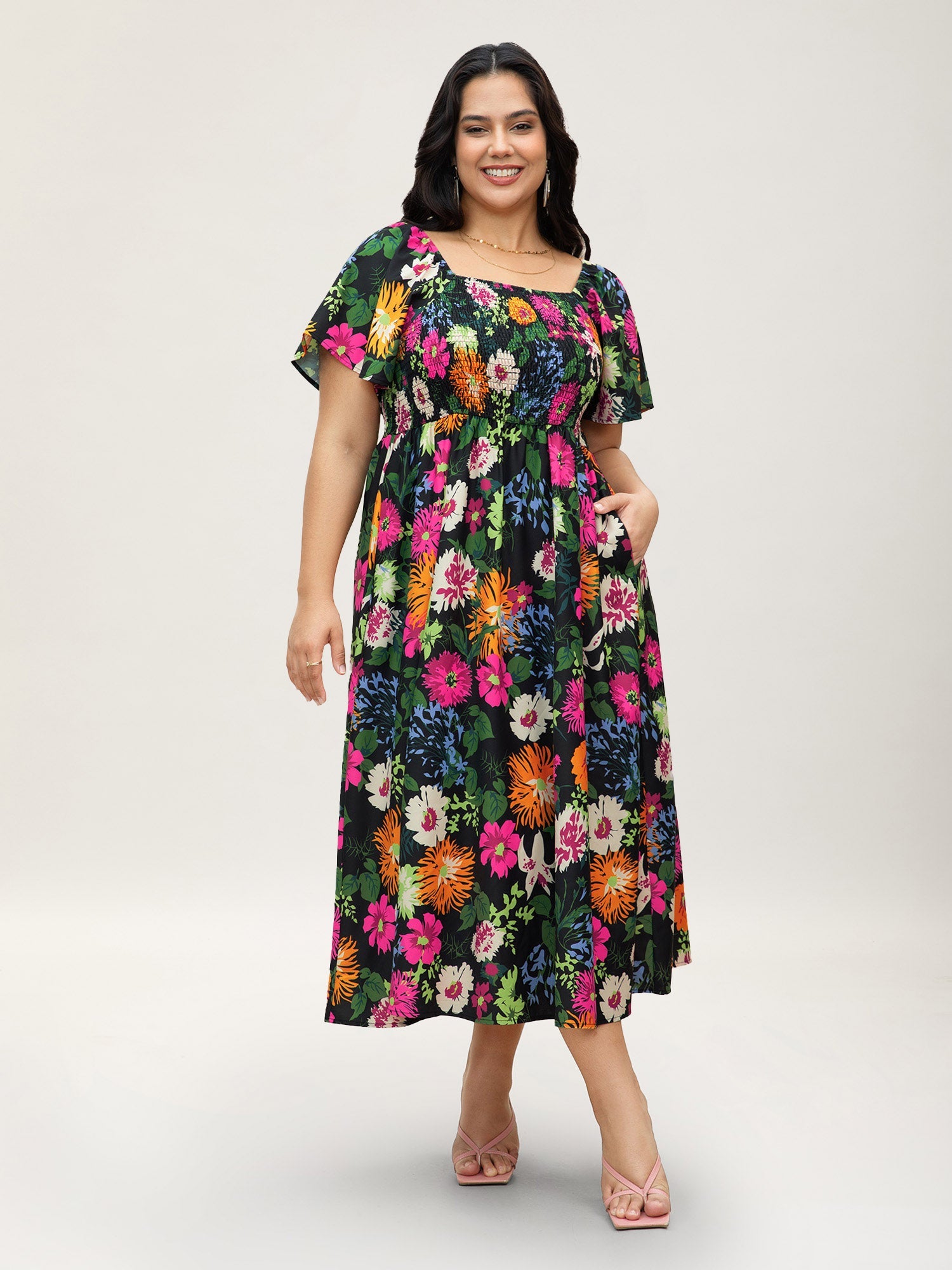 Floral Shirred Square Neck Pocket Midi Dress