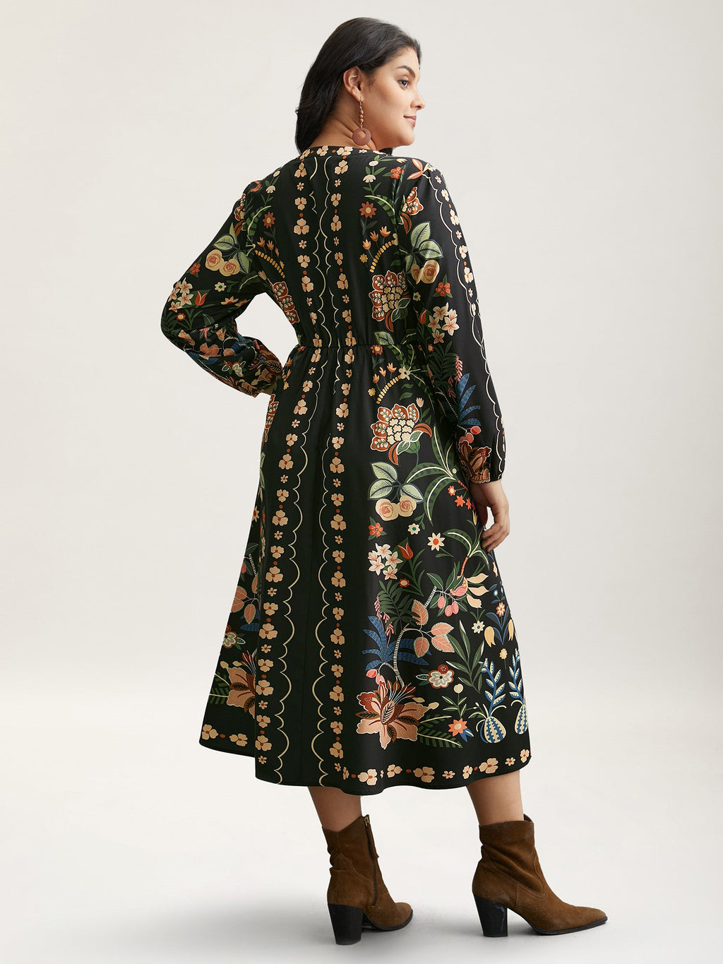 Floral Print Notched Collar Elastic Waist Dress