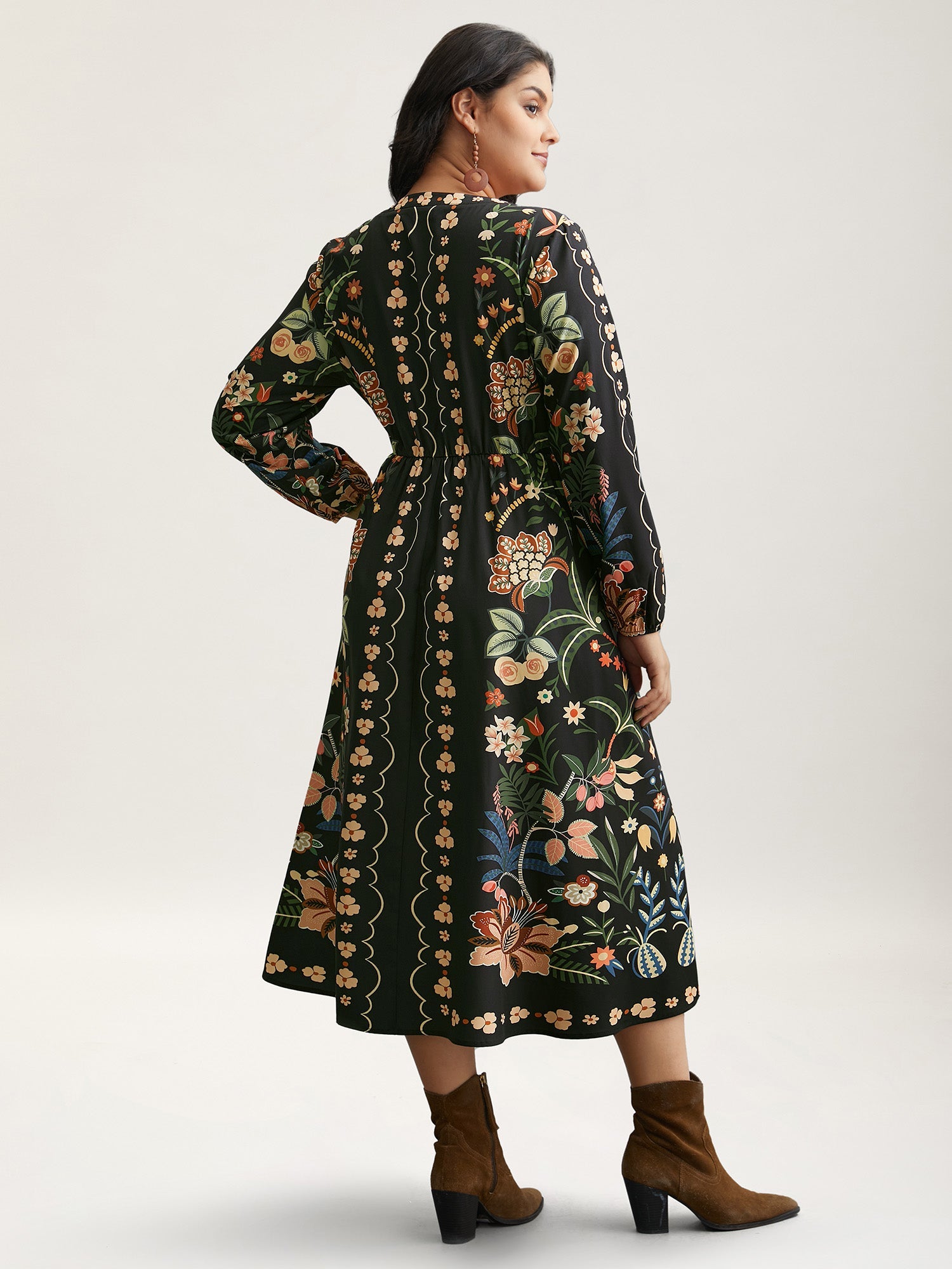 Floral Print Notched Collar Elastic Waist Dress