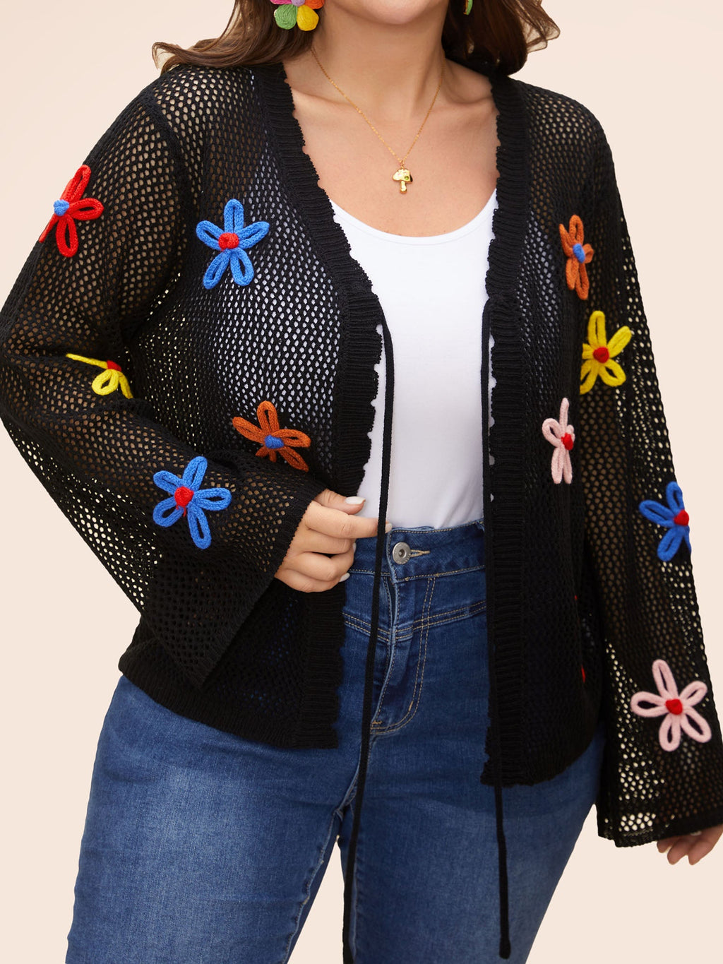 Knit Floral Front Tie Cardigan