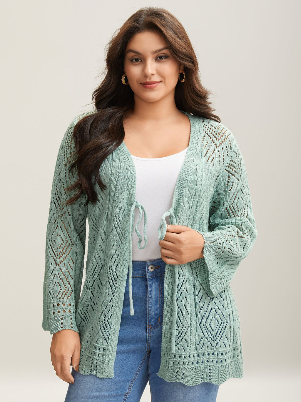 Cut-Out Textured Tied Knit Cardigan