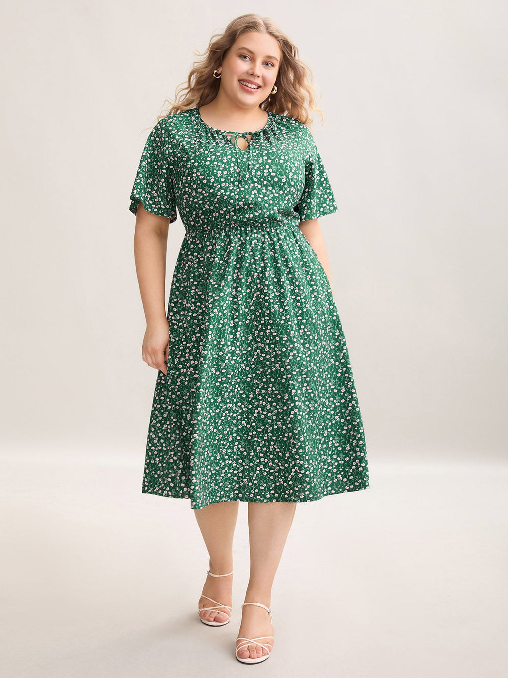 Floral Print Split Neck Pockets Midi Dress
