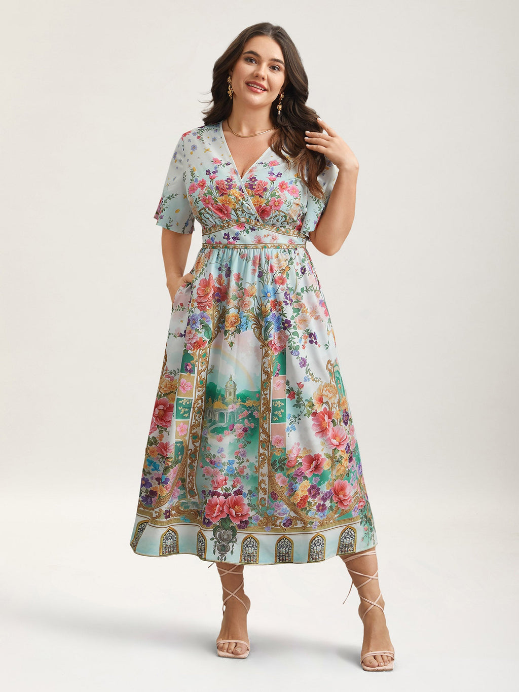 Floral Print Wrap-Neck Flared Sleeve Maxi Dress