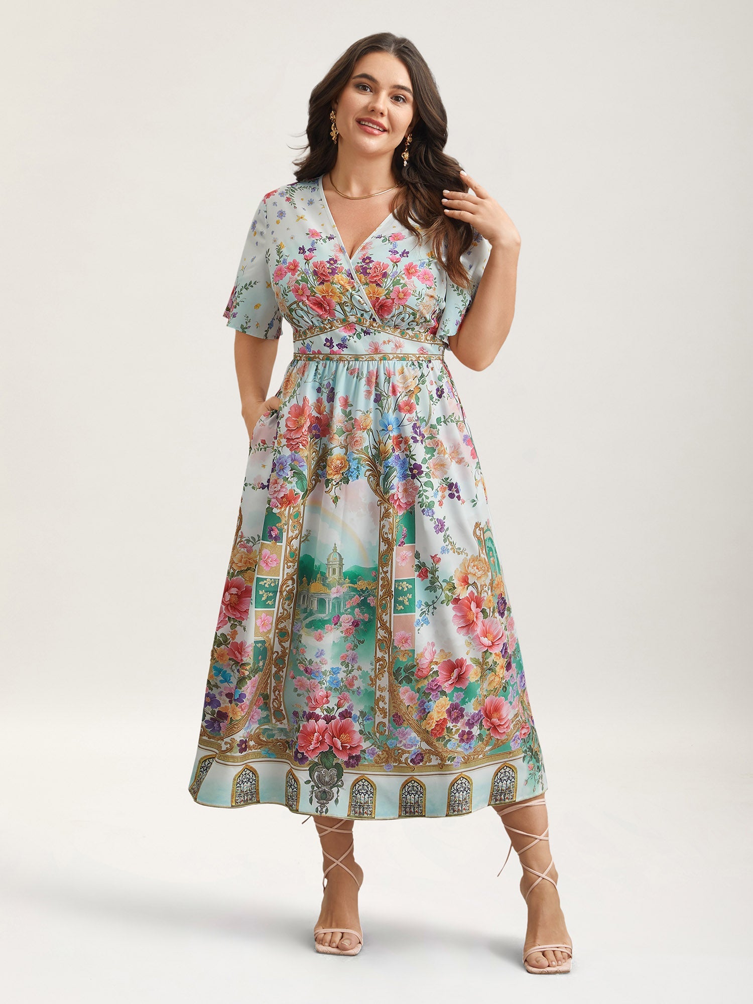 Floral Print Wrap-Neck Flared Sleeve Maxi Dress