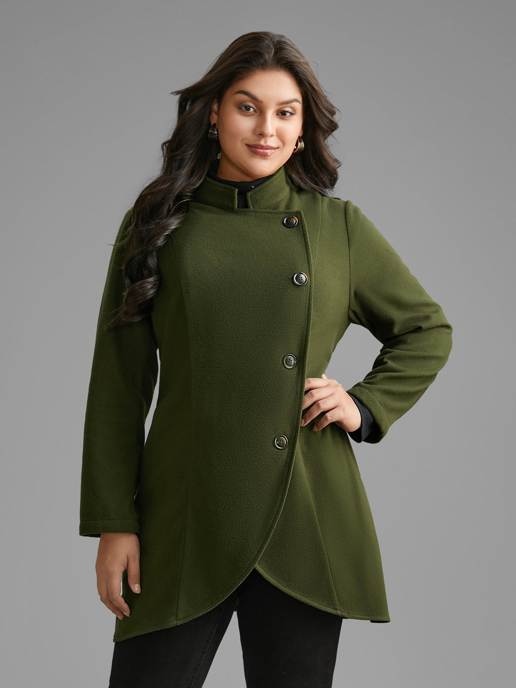 Solid Wrap Button Up Asymmetrical Hem Coat