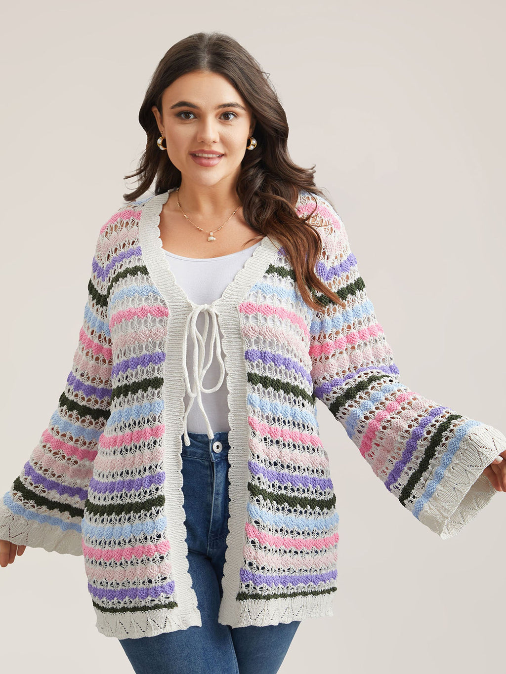 Cut-Out Multi-Color Lace Trim Cardigan
